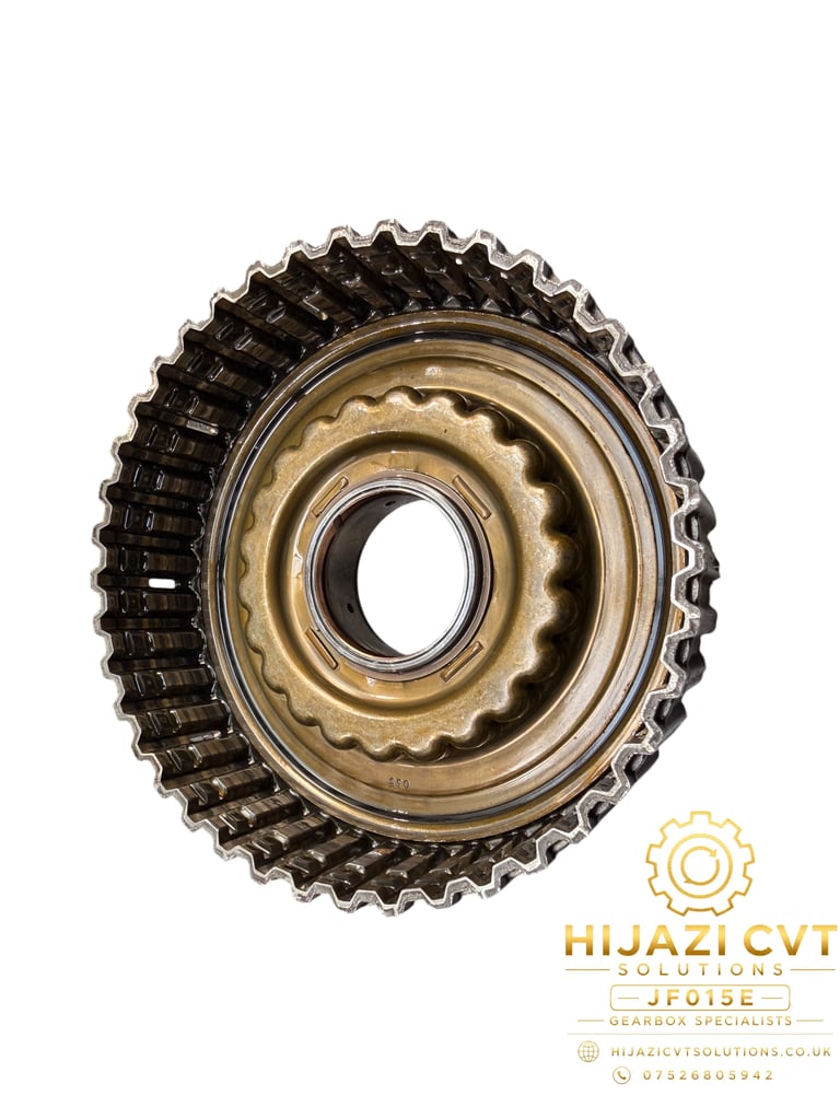 Close-up of a metal bevel gear with serrated teeth and central hole against white background