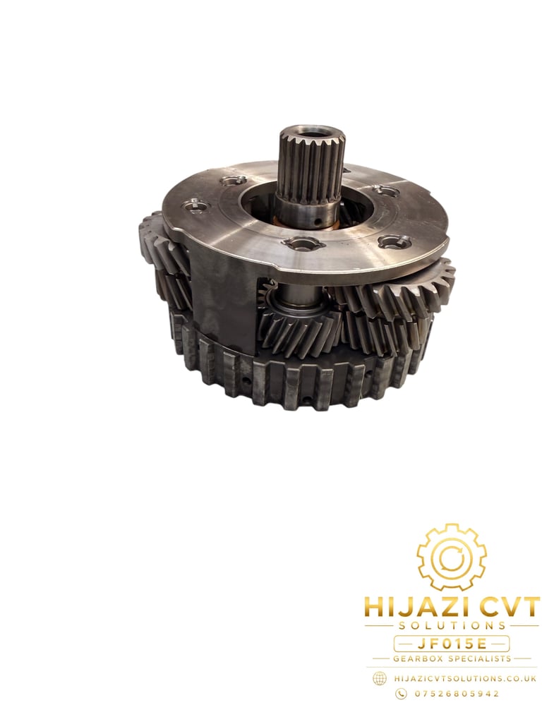 Metal transmission gearbox component with multiple gear teeth and central shaft, isolated on white background