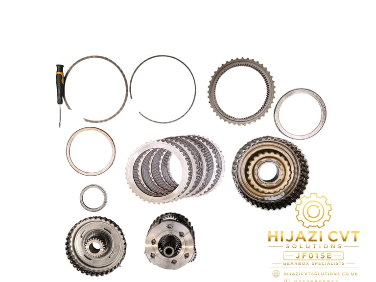Disassembled automatic transmission gears and clutch components displayed against white background with HiLo CVT Solutions logo