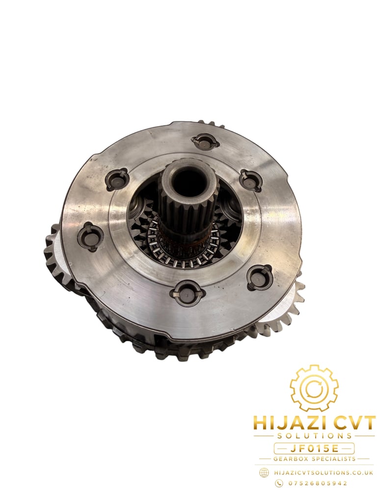 Metallic CVT transmission pulley component with central gear shaft and bolt holes, branded Hijazi CVT Solutions